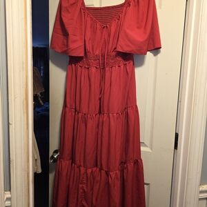 SHEIN Red Off-Shoulder Tiered Maxi Dress